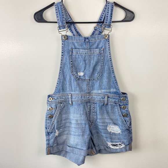 F21 Premium Distressed Denim Overall Shorts - Picture 2 of 9